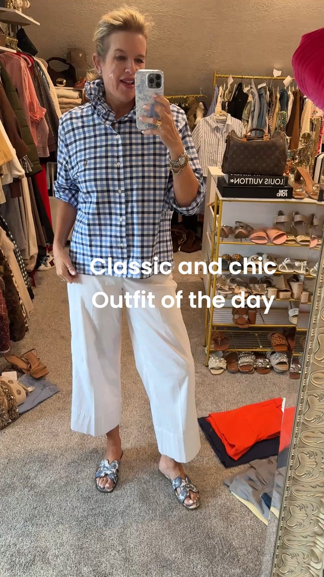Classic and Chic 
Outfit of the day

Great wardrobe builders and pieces you’ll wear on repeat 

Ralph Lauren reconstructed plaid button up top 💙
A lady I found on Instagram 

She has a weekly drop and it’s first come… but you can send her your RL button ups and she’s recreate for you.

White  cropped wide leg Spanx pant with cuff detail
Zip side pockets  fit tts I got the tall in med

Save 15% off with code Deardarcyxspanx  

Toile print blue and white printed h sandals slides  (old from Target linked similar 

Manufactured Diamond earring. 6 ct 
My most worn and complimented earrings 

My regulate right are real jewelry I wear every day
Tag diamond watch
Diamond tennis bracelet 
Tiffany chain 
2 abbot gold link bracelets

#LTKgrwm #LTKootd #LTKSaleAlert