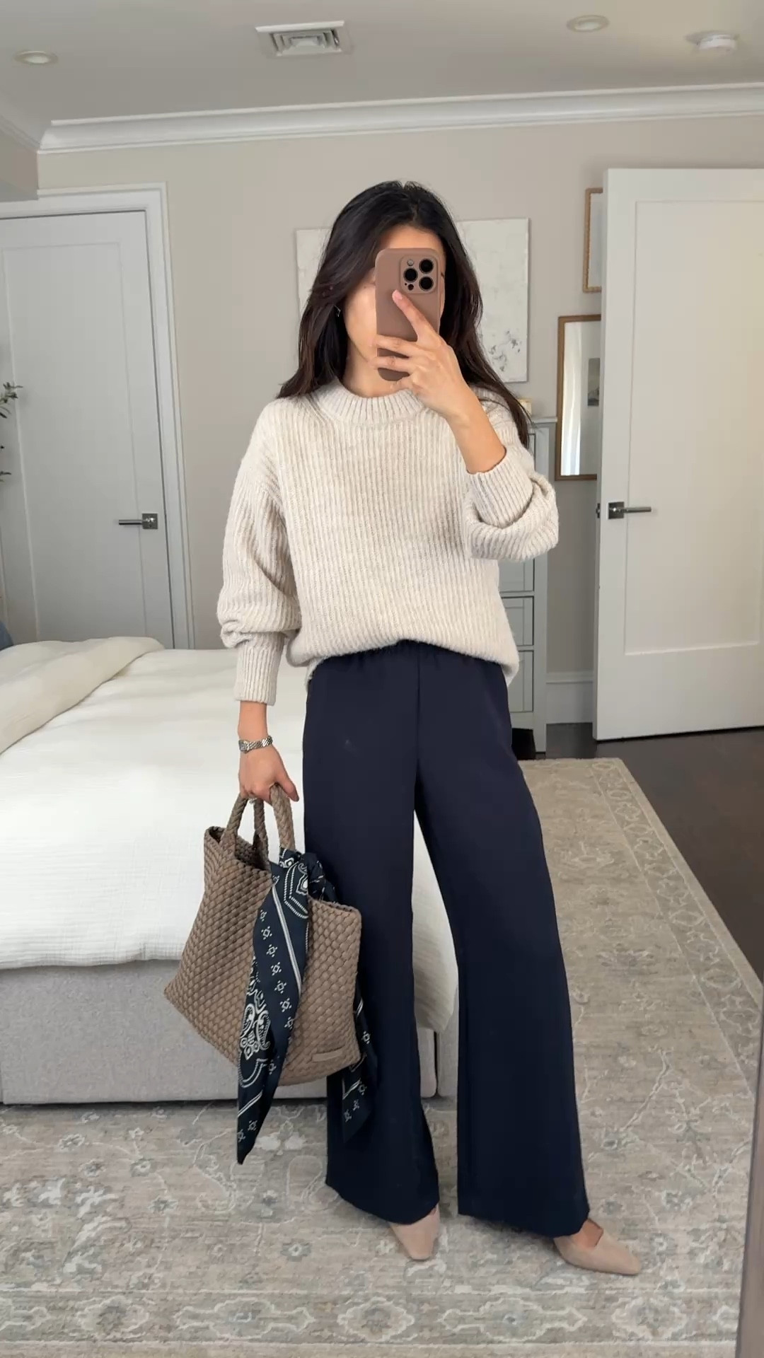 Short sizes back in stock for the best drapey pants!

• Aritzia lodge trousers 2XS short these are amazing! Drapey fluid fabric that isn’t thin, stretch waist, wrinkle resistant

• Everlane alpaca sweater xxs with adjustable tucking band

• Everlane box cut tee xs (sized up)

• Naghedi medium tote in cashmere

• Madewell Silk Bandana in classic navy

• old Ann Taylor kitten heels, linked similar

Petite friendly work pants, cozy sweater outfit, elevated outfit with sweater

#LTKootd #LTKmomlife #LTKPetite