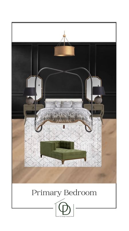 Primary bedroom design board. A moody and cozy primary bedroom design with arched canopy bed, studded grey and black lamps, oblong octagon gold mirrors, a green velvet chaise and gold drum semi flush light 

#LTKunder100 #LTKhome #LTKFind