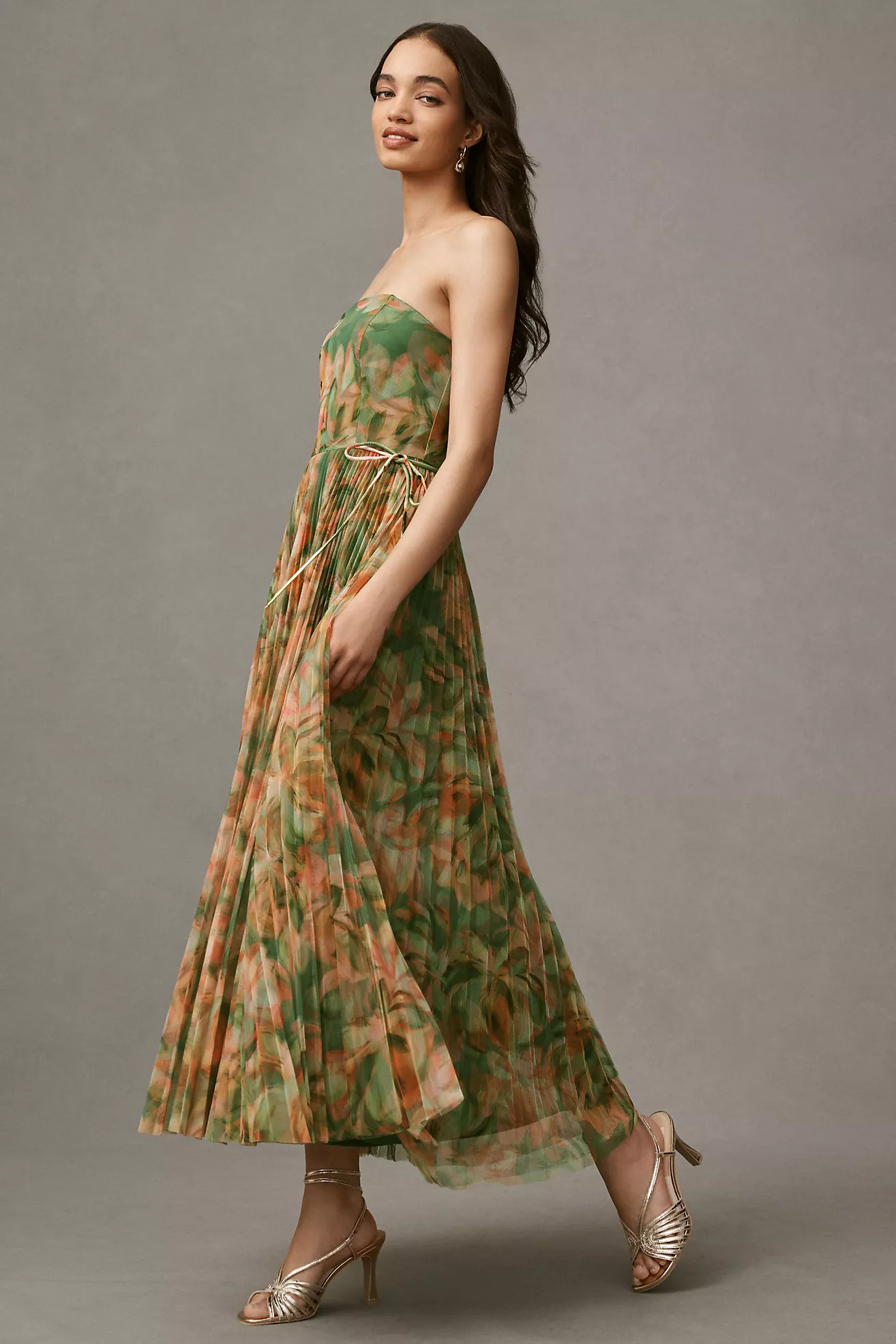 Hutch Costella Strapless Pleated Floral Tulle Midi Dress | Anthropologie (US)