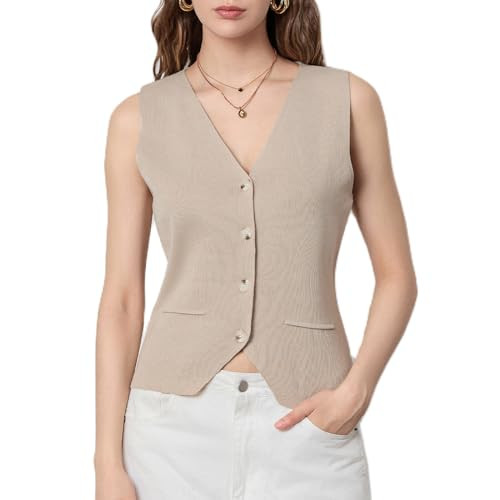 Womens Vest Top V Neck Button up Knit Sweater Vest Trendy Going Out Tops Khaki S | Amazon (US)