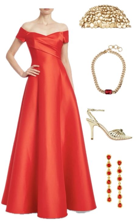 Golden Globes Inspo! Copy this look. Red dress, statement necklace, gold heel, dangle red earrings, gold disc clutch. REDy, set, go! 

#LTKstyletip #LTKshoecrush #LTKwedding