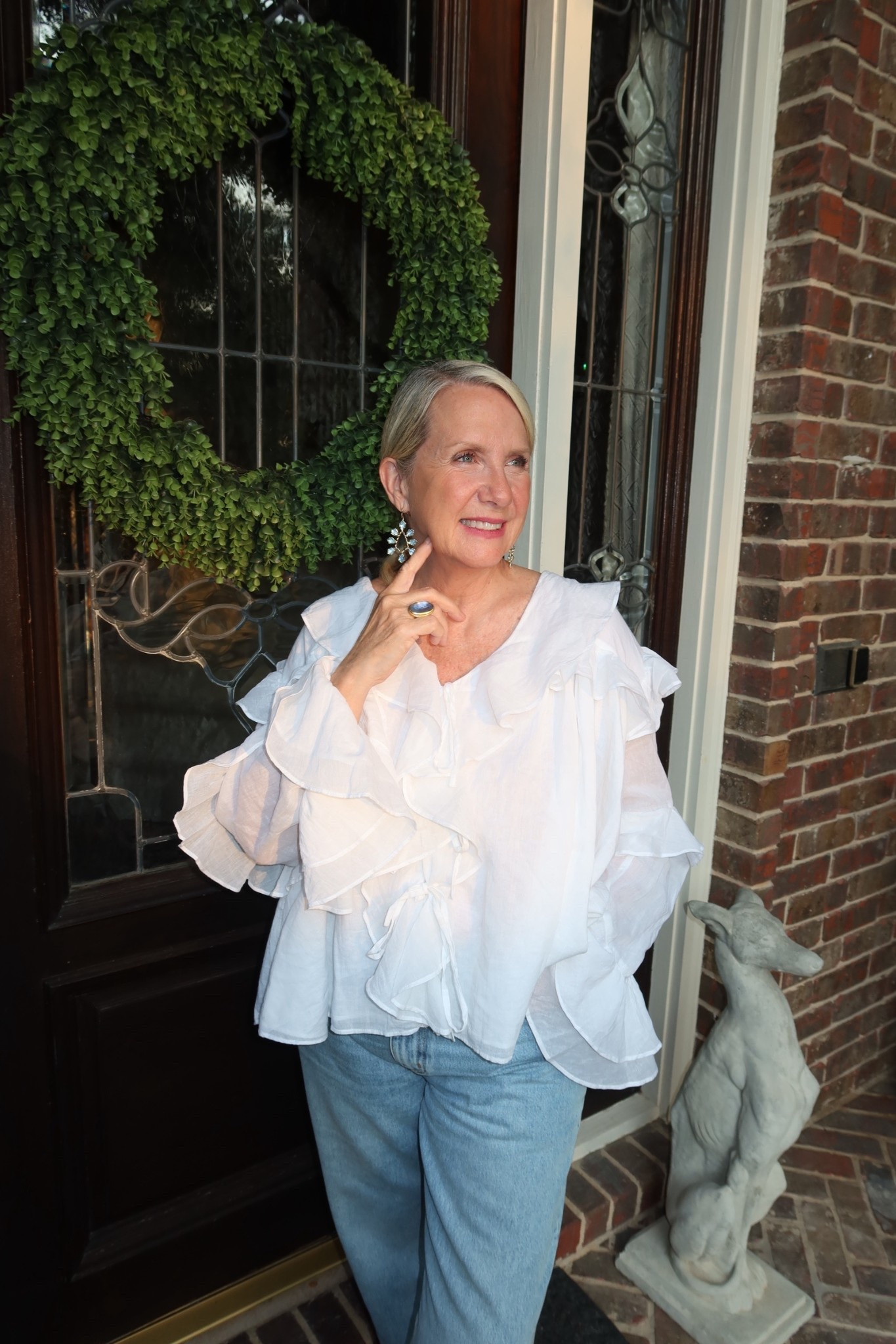 A beautiful white blouse! Everyone needs one or more! This one runs large. I’m in a small here. I love it! Jeans and a white blouse is a classic look that works for all women! 

#classiclook #whiteblouse #bluejeans #midsize 
#over60style #beautifulwhiteblouse



#LTKOver40 #LTKMidsize #LTKStyleTip