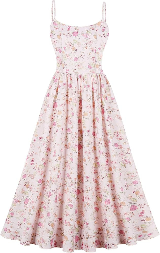 Women Floral Corset Dress Sleeveless Square Neck Spaghetti Straps Dress Boho Holiday Flowy Midi B... | Amazon (US)