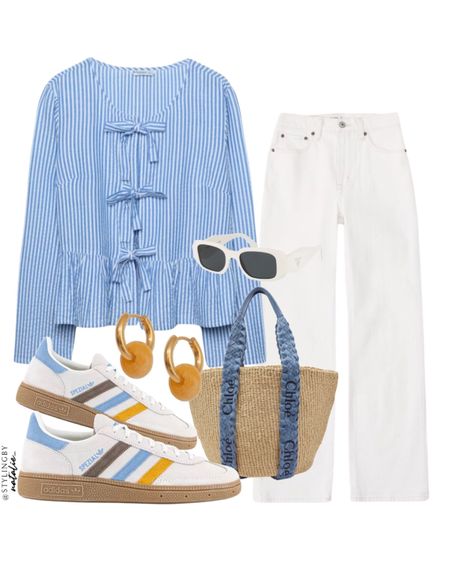 Stripe bow blouse, high rise white jeans, adidas Spezial trainers, Chloe raffia tote bag.
Spring summer outfit, casual style.

#LTKSeasonal #LTKeurope #LTKstyletip