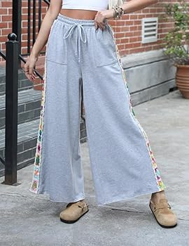 Womens Wide Leg Pants Stretch Casual Drawstring Waist Loose Lounge Sweatpants Crochet Panel Pant ... | Amazon (US)