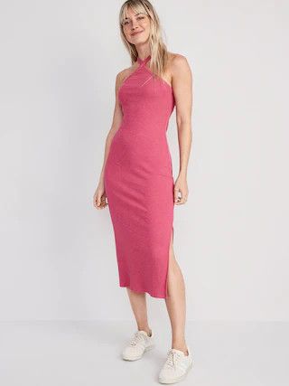 Fitted Rib-Knit Halter Midi Dress for Women | Old Navy (US)