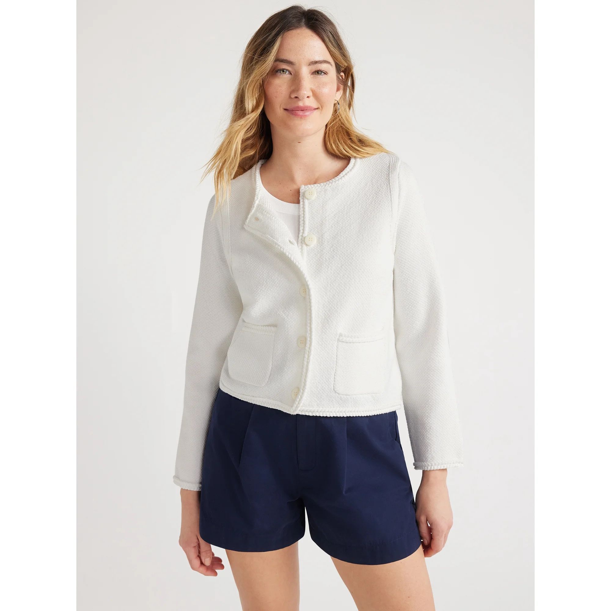 Free Assembly Women's Crochet Trim Cardigan Sweater with Long Sleeves, Midweight, Sizes XS-XXL | Walmart (US)