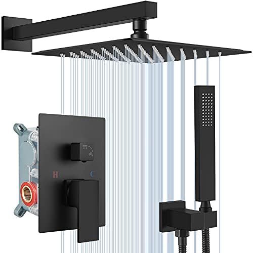 Matte Black Rain Shower System 10 Inch Square Rainfall Shower Head Wall Mount Shower Faucet Set w... | Amazon (US)