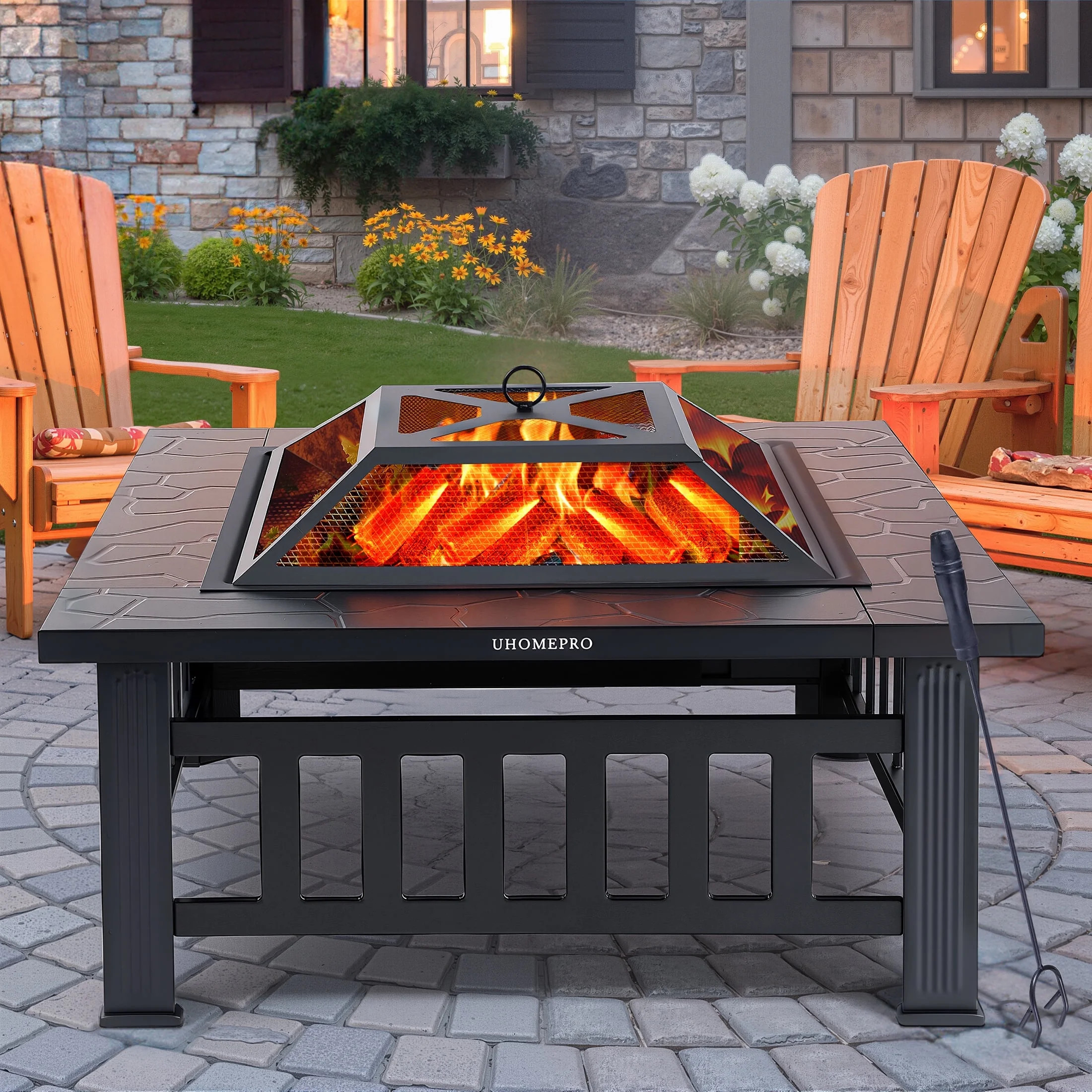 Fire Pits for Outside, 32" Wood Burning Fire Pit Tables with Screen Lid, Poker, BBQ Net, Ice Tray... | Walmart (US)
