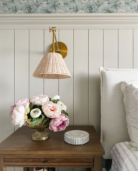 Woven sconce, marble dish, peonies, ranunculus, gold compote, floral wallpaper, planked wall, the end ❤️❤️

#LTKhome