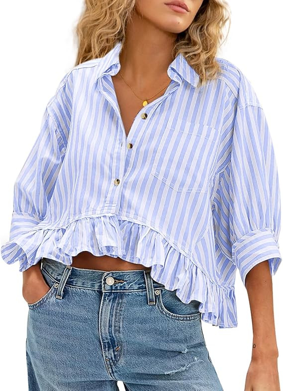 CHYRII Womens Summer Tops Dressy Casual Blouse Top Ruffled Short Sleeve Button Down Striped Shirt | Amazon (US)