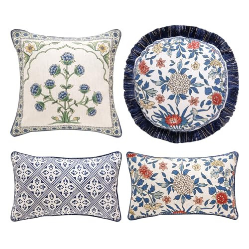 patdrea Designer Floral Linen Throw Pillow Covers,Blue French Cottage Flower Pattern Decorative Pillowcases Cushion for Bed Living Room Outdoor Car,Pack of 4 | Amazon (US)