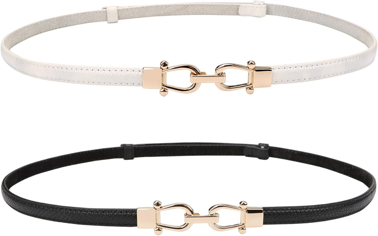 JASGOOD Leather Skinny Women Belt Thin Waist Belts for Dresses up to 37 Inches with Golden Buckle... | Amazon (US)