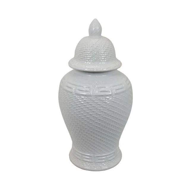 Benjara Bryan 24 Inch Ceramic Temple Jar, Geometric Print, Finial Top, White | Walmart (US)