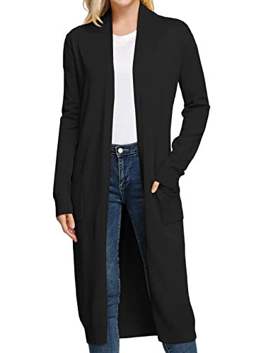 GRACE KARIN Cardigan Sweaters for Women Long Black Cardigans Open Front Lightweight Knit Cardigan with Pockets(M,Black) | Amazon (US)