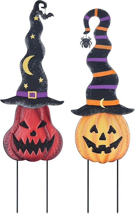 Halloween Decorations Outdoor, 2 Pack Metal Pumpkin Garden Stakes with Witch Hats for Halloween Decor, Jack o' Lantern Pumpkin Yard Signs for Outside Garden Lawn Patio Party Decorations | Amazon (US)