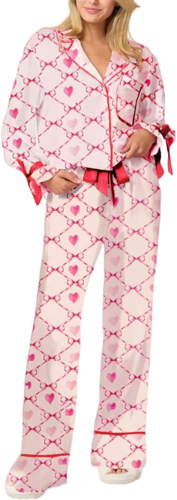 LILTWIST Women Valentine's Day Bow Tie Pajamas Silk Satin Colorful Heart Bow Pjs Floral Long Slee... | Amazon (US)