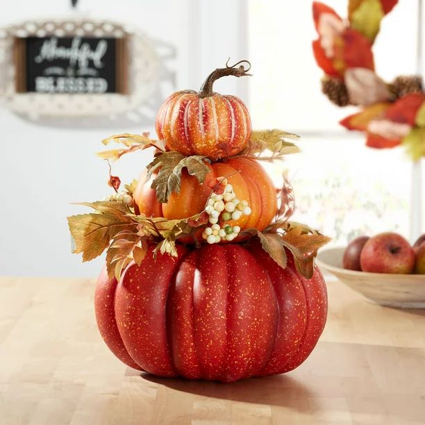 Way to Celebrate Harvest Natural Orange Foam Pumpkin Stack Decoration, 14.4" Tall | Walmart (US)