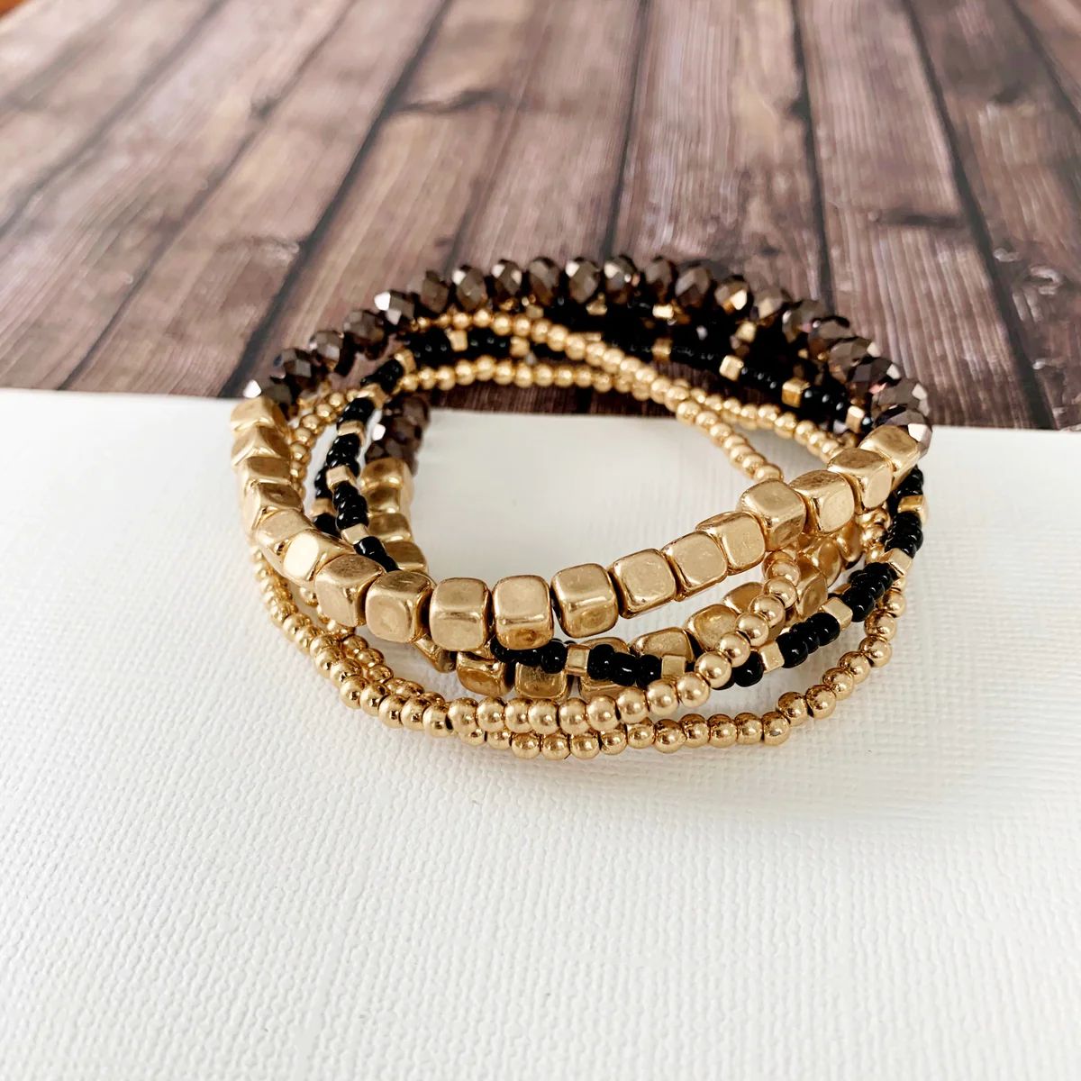 Boutique Bracelet Collection :: Frankela 6pc Set Mocha & Gold Ball Bracelet Stack | Baubles & Bits