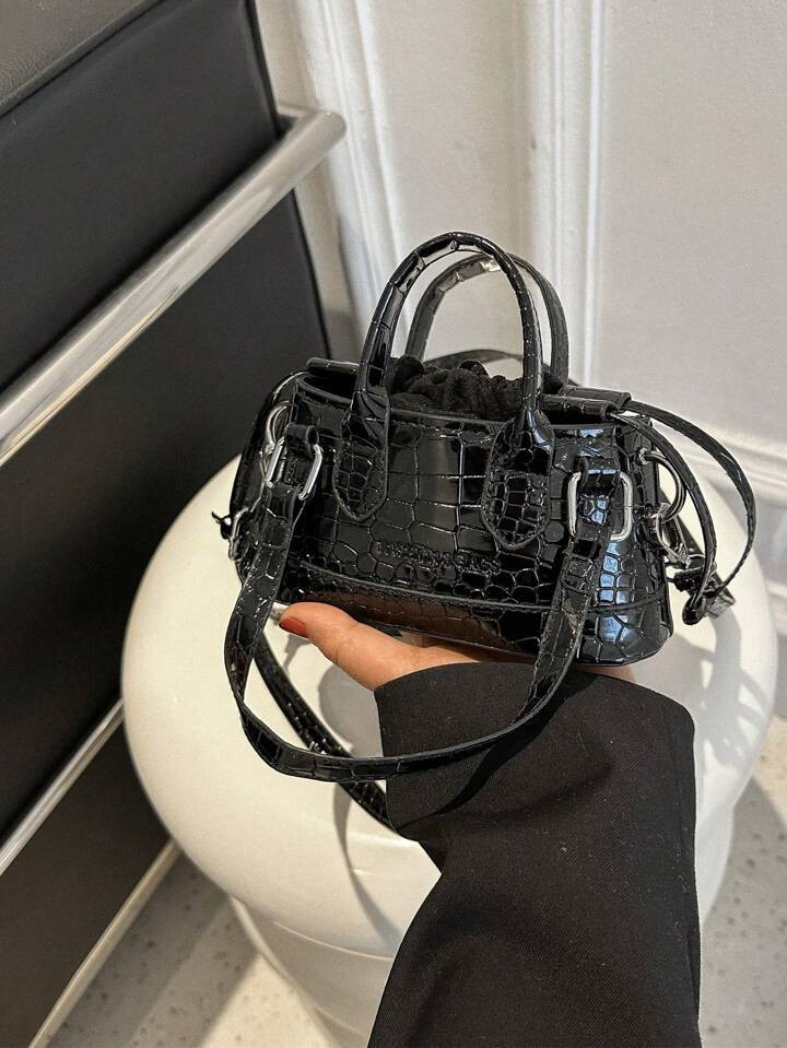 Crocodile Embossed Bucket Bag Mini Drawstring Design Black | SHEIN