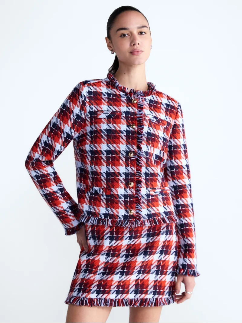 Free Assembly Women's Cropped Tweed Jacket with Fringe Trim, Sizes XS-XXL | Walmart (US)