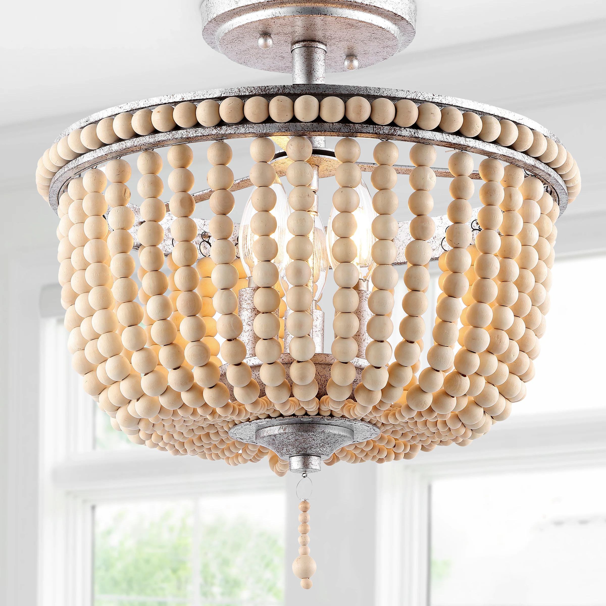 JONATHAN Y Allie 14"" Wood Bead/Iron Bohemian Farmhouse 1 -Light 14-in Antique Nickel Semi Flush Mount Light | JYL9020B | Lowe's