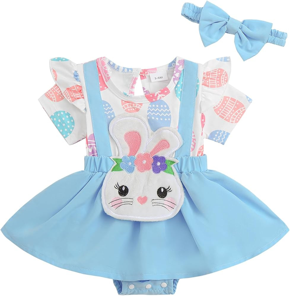 Gueuusu Baby Girl Easter Clothes Ruffle Short Sleeve Blue Easter Eggs Print Overall Romper Dress ... | Amazon (US)