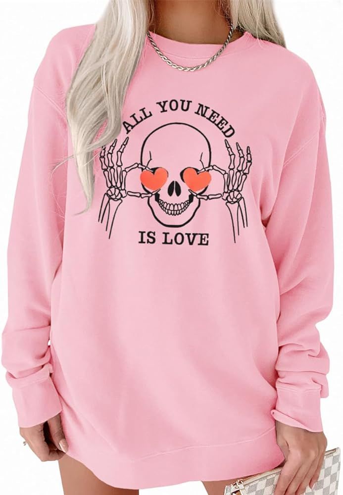 KEKEMI Women Valentine's Day Sweatshirt All You Need Is Love Printed Shirt Retro Skull Heart Grap... | Amazon (US)