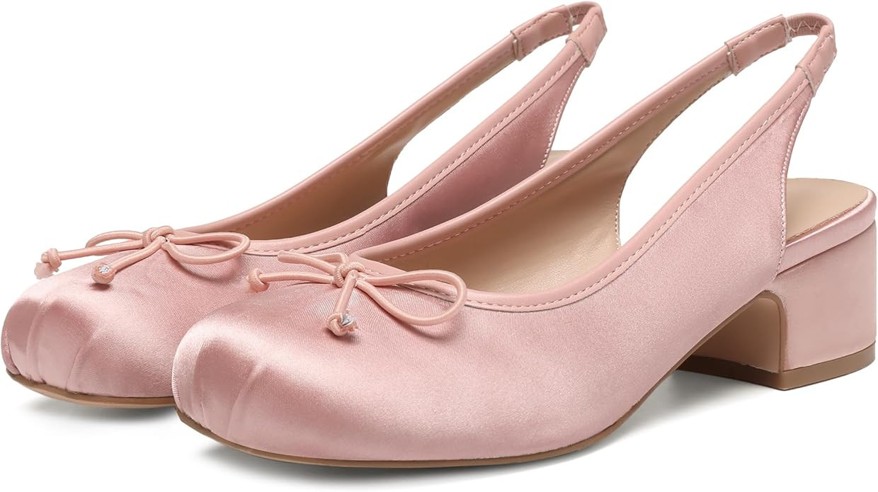 Slingback Ballet Heels for Women Cute Bow Square Toe Low Chunky Heel Ballerina Pumps Comfort Sati... | Amazon (US)
