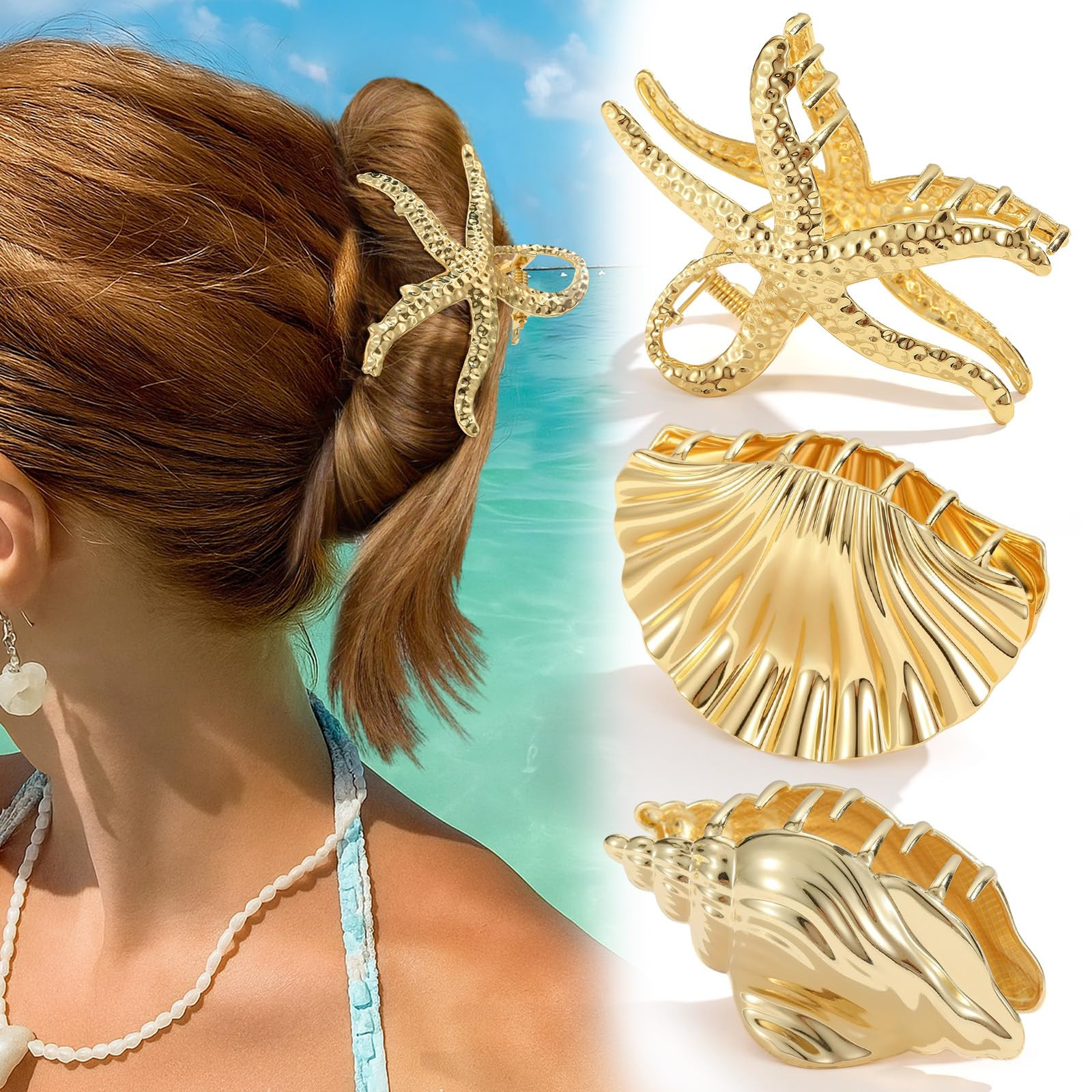 3 PCS Metal Hair Clips, Gold Starfish Hair Clips for Women Girls, Large Claw Clips for Summer Hol... | Amazon (US)
