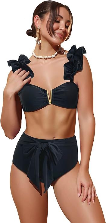 SPORLIKE Women High Waisted Swimsuit Flounce Straps Bikini Bathing Suit | Amazon (US)