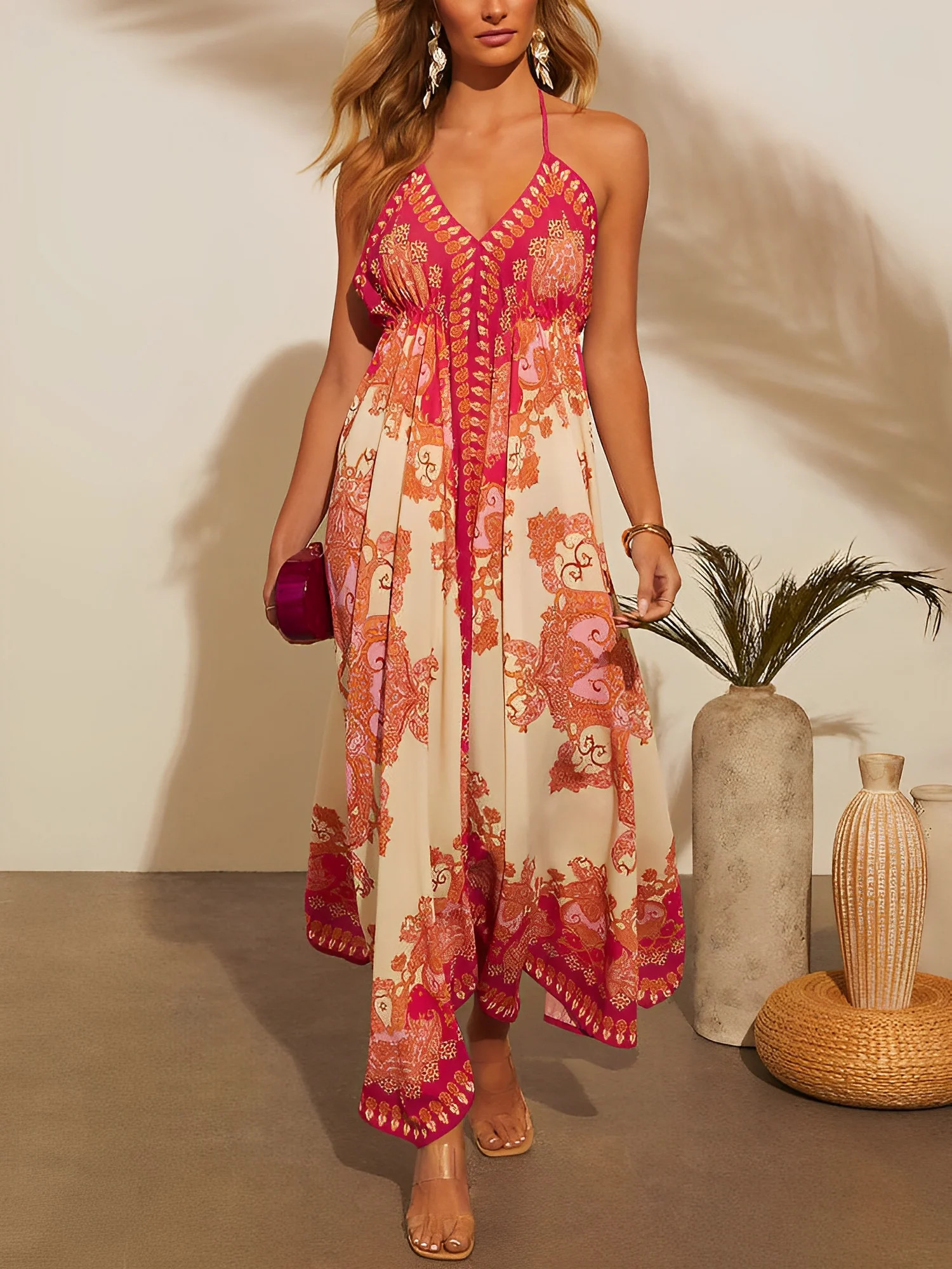 Halter Neck Boho Backless Irregular Hem Maxi Dress | allegra-k