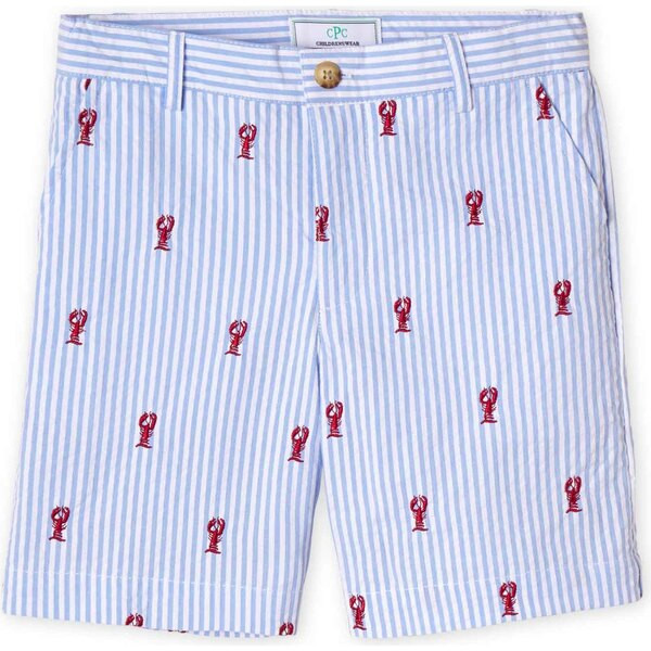 Hudson Short Lobster Embroidery, Lobsters on Vista Blue Seersucker | Maisonette
