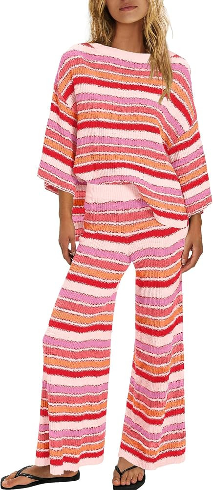 ReachMe Womens Oversized Striped 2 Piece Sets Sweater and Wide Leg Pants with Pockets Pajama Loun... | Amazon (US)