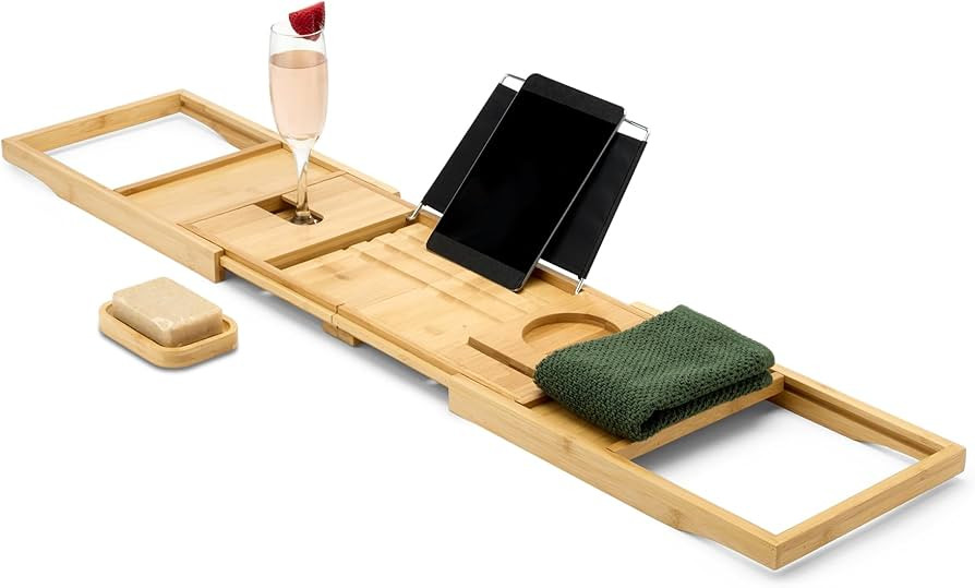 Amazon.com: Amazon Basics Expandable Bamboo Bathtub Tray Caddy, 29.5-43 in, Spa Bath Organizer : ... | Amazon (US)