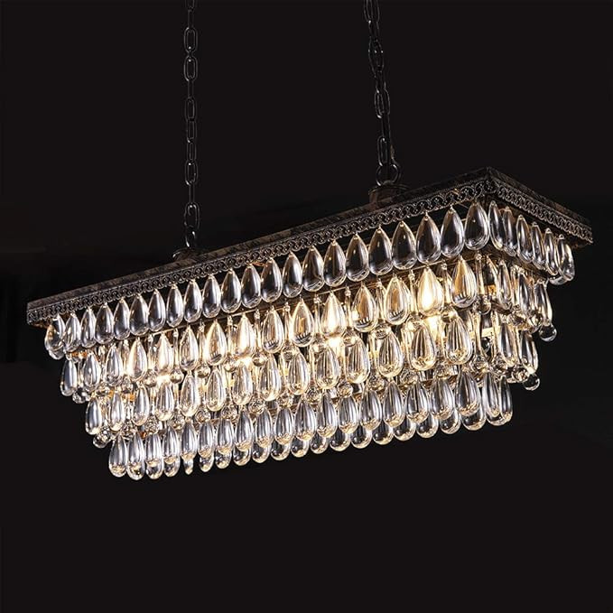Wellmet Dining Room Crystal Chandelier,30 inch Antique Bronze Rectangle Crystal Ceiling Light,4 L... | Amazon (US)