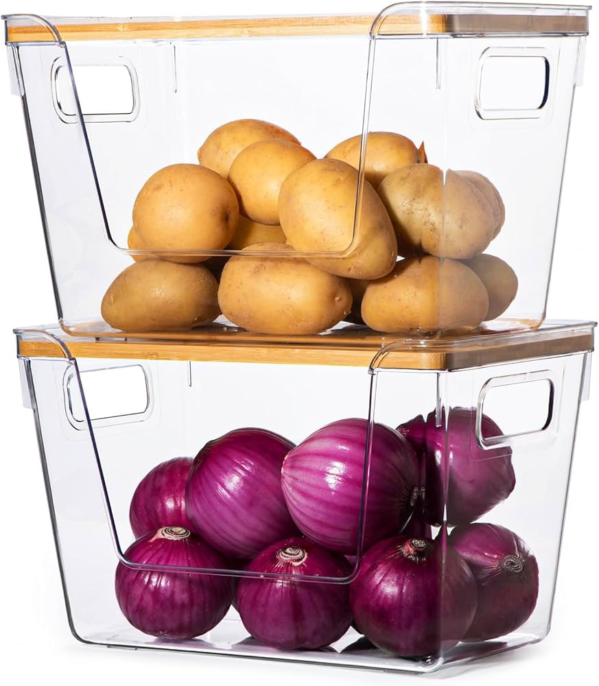 2 set Pantry Organizers and Storage, Stackable Kitchen Laundry Organizers with Bamboo Top for Oni... | Amazon (US)