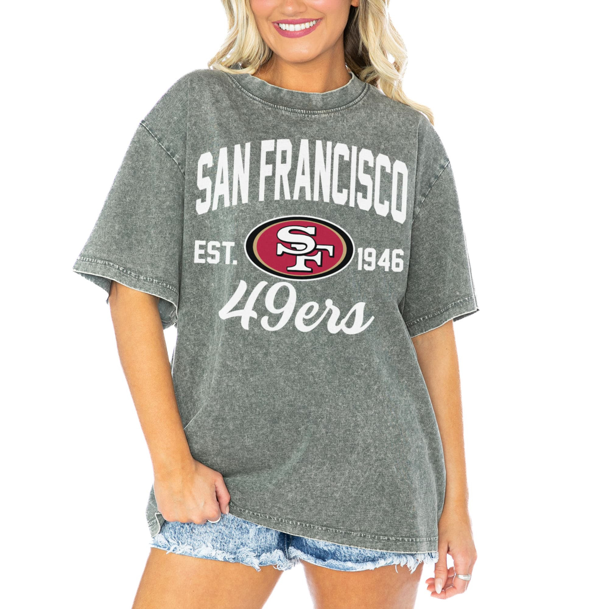 Women's San Francisco 49ers  Gameday Couture Gray Tackle Titan Boyfriend Washed T-Shirt | NFL Shop
