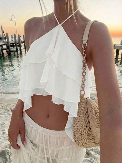Aloruh Women's Solid Color Minimalist Halter Backless Top, Everyday Wear,Summer Top | SHEIN