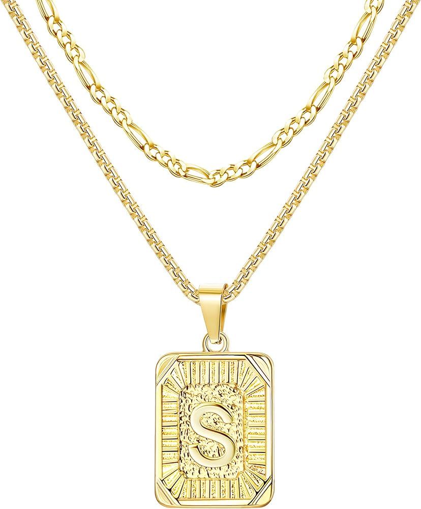 Jewenova18K Gold Plated Initial Letter Necklace for Women Men Layered Square Necklace Capital Let... | Amazon (US)