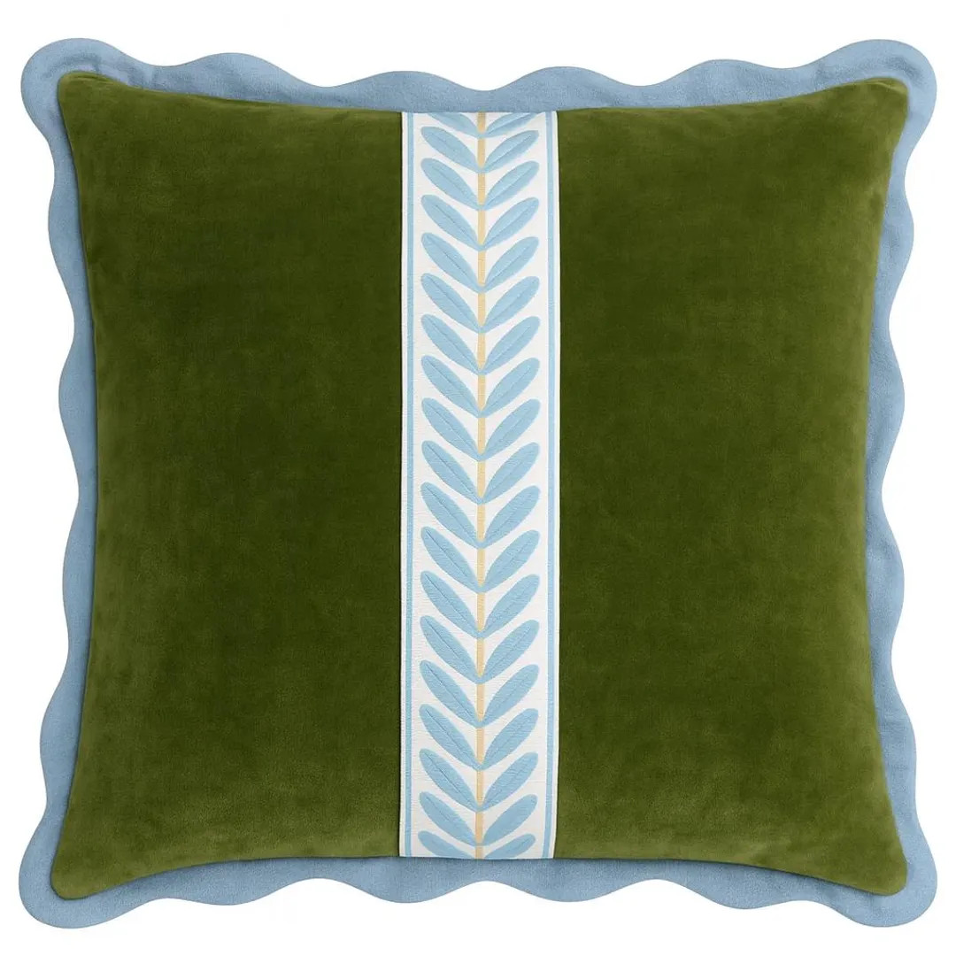 Moss Green Velvet Pillow Cover – light Blue Scallop Edge & Laurel Trim | Designer Cushion |Gran... | Etsy (US)