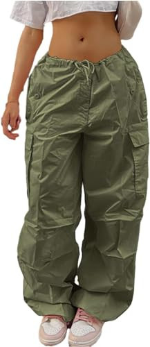 Zhyaj Womens Green Baggy Cargo Pants Y2K Low Waist Wide Leg Drawstring Relaxed Jogger Pants Multi-Pockets Parachute Pants, Green, Large | Amazon (US)