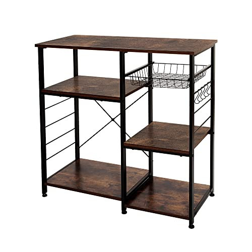 AZL1 Life Concept Industrial Kitchen Rack, Coffee Bar, Microwave Stand Metal Frame, Wire Basket 5 Hooks Mini Oven, Spices Utensils, Simple Assembly, 35.4inch, Rustic Brown | Amazon (US)