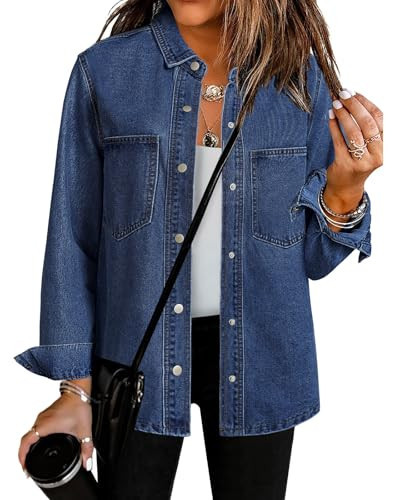 luvamia Denim Jacket Jean Shacket for Women Denim Womens Denim Jean Jacket Denim Jackets for Women Trendy Womens Spring Jackets Denim Shirt Jacket Classic Blue Large Fits Size 12 / Size 14 | Amazon (US)