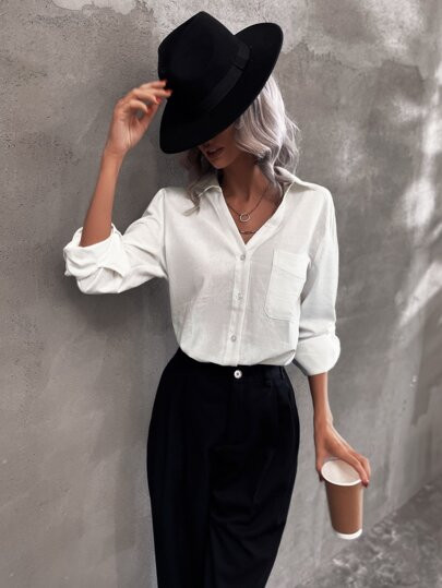 Button Through Pocket Front Solid Blouse | SHEIN