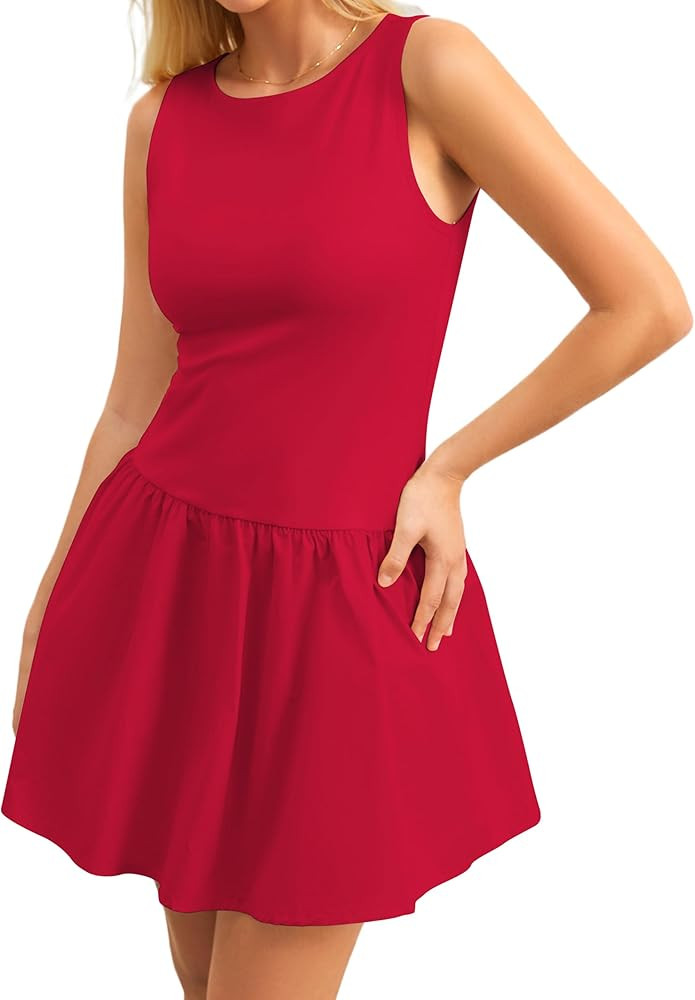 Women's Flowy Mini Tank Dress Sleeveless Boat Neck Solid Slim Fit Puffy Beach Short Summer Dresse... | Amazon (US)