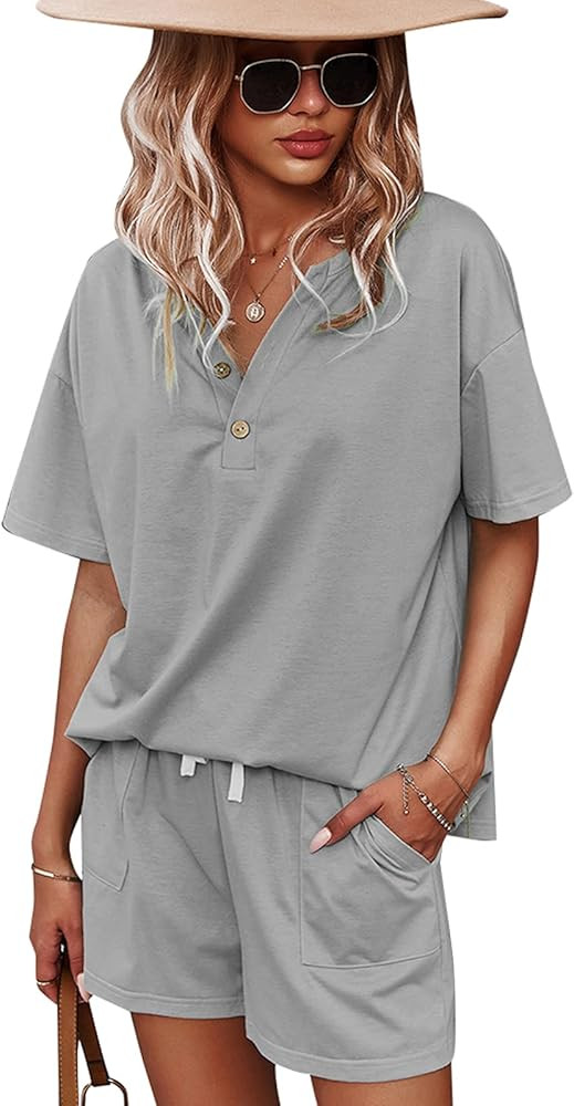CORSKI Women's Short Sleeve Sweatsuit Sets Lounge 2 Piece V Neck Tracksuit Casual Loose Fit Outfi... | Amazon (US)