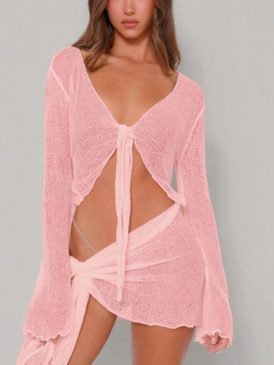 Fashionable And Sexy Monochrome Women Two-Piece Set Of Deep V-Neck Long Sleeve See-Through Top An... | SHEIN