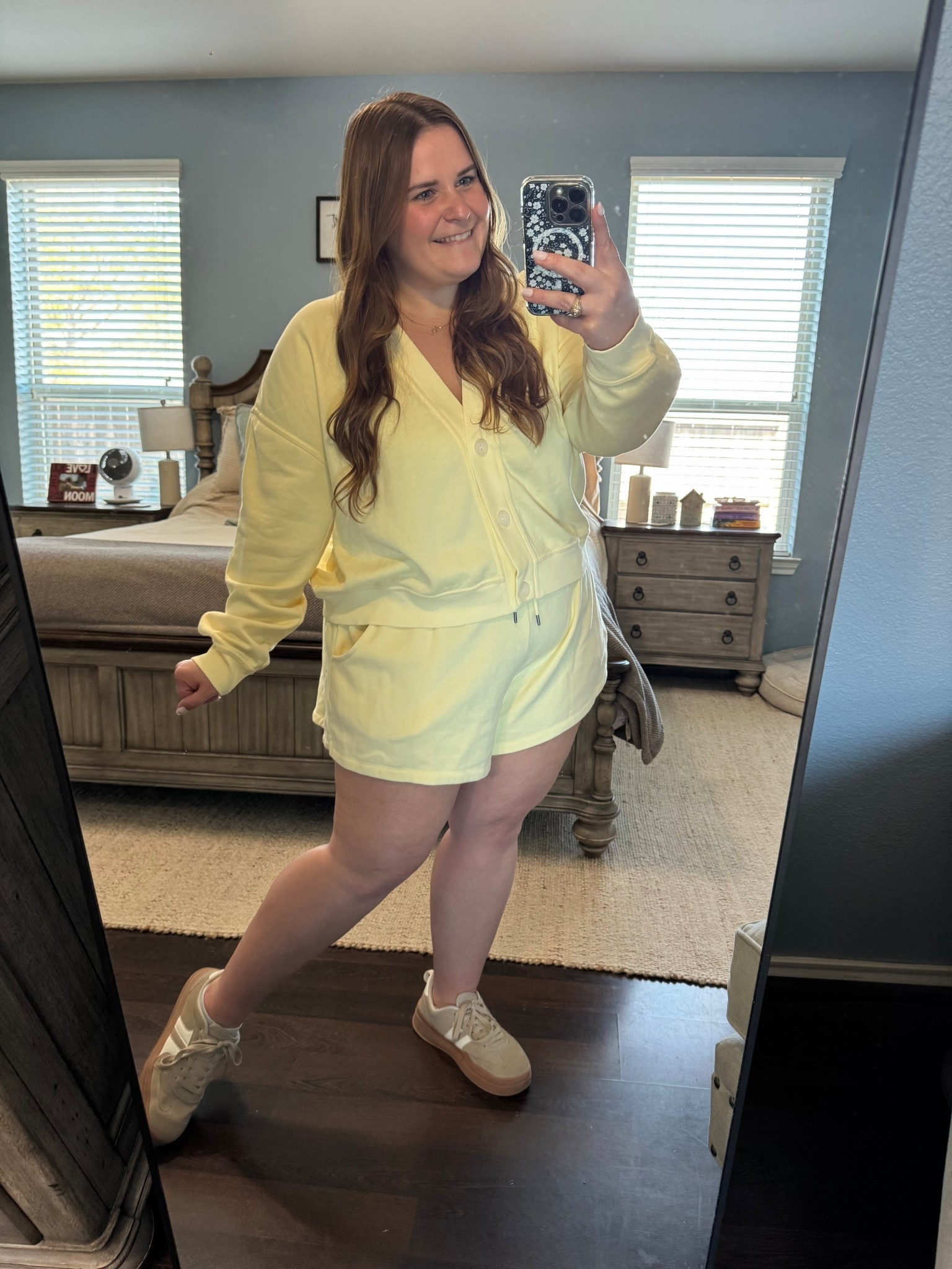 Obsessed with this beautiful butter yellow set! I’m wearing an XXL in the shorts and an xl in the cardigan! So soft and comfy! Finished the look with Amazon sneakers. 

#LTKMidsize #LTKPlusSize #LTKootd